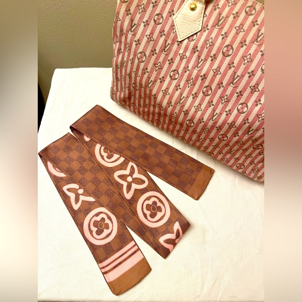 Designer Bandeau Silk Twilly Scarf in Pink Brown - Picture 2 of 5
